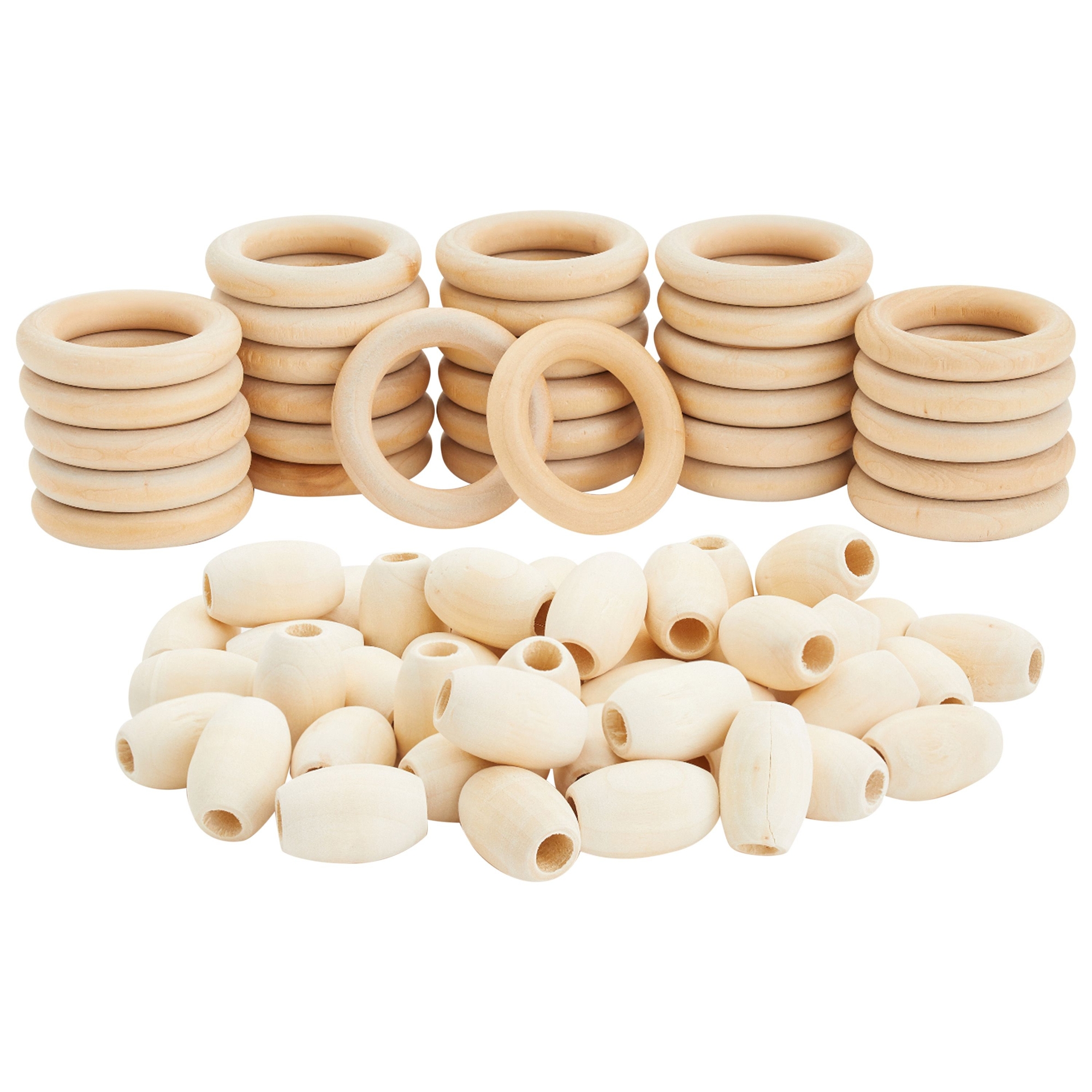 80 Pcs Unfinished Oval Wood Beads and Round Wooden Rings for